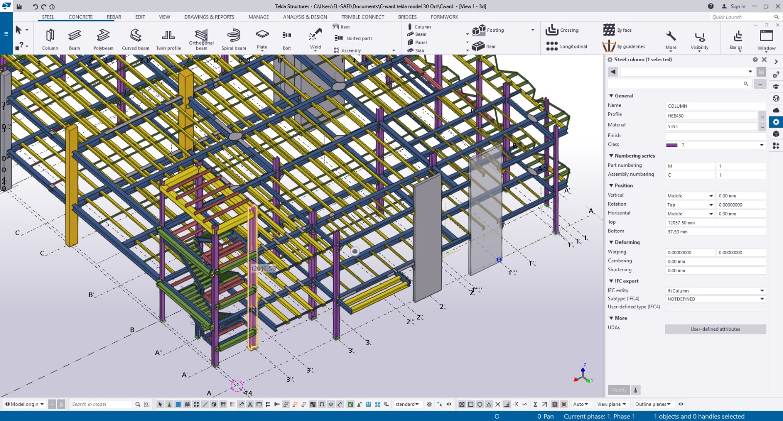 Tekla Structures 3D model of C-Ward steel columns and beams